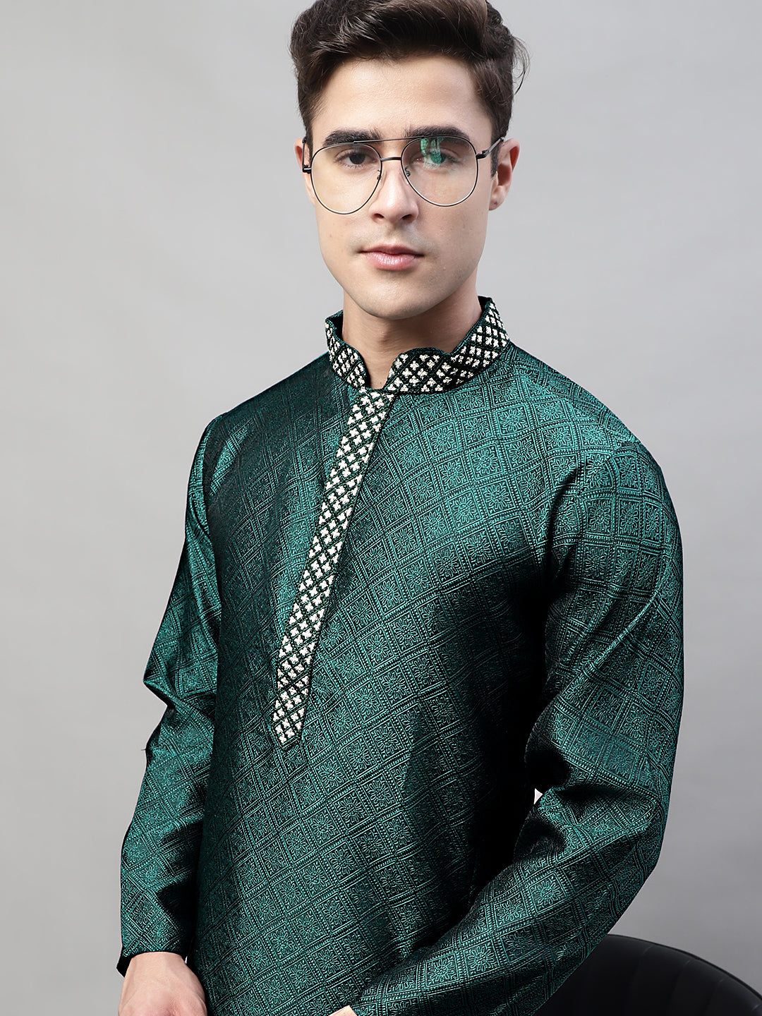 Men's Olive Green Collar Embroidered Silk Jacquard Kurta Pyjama