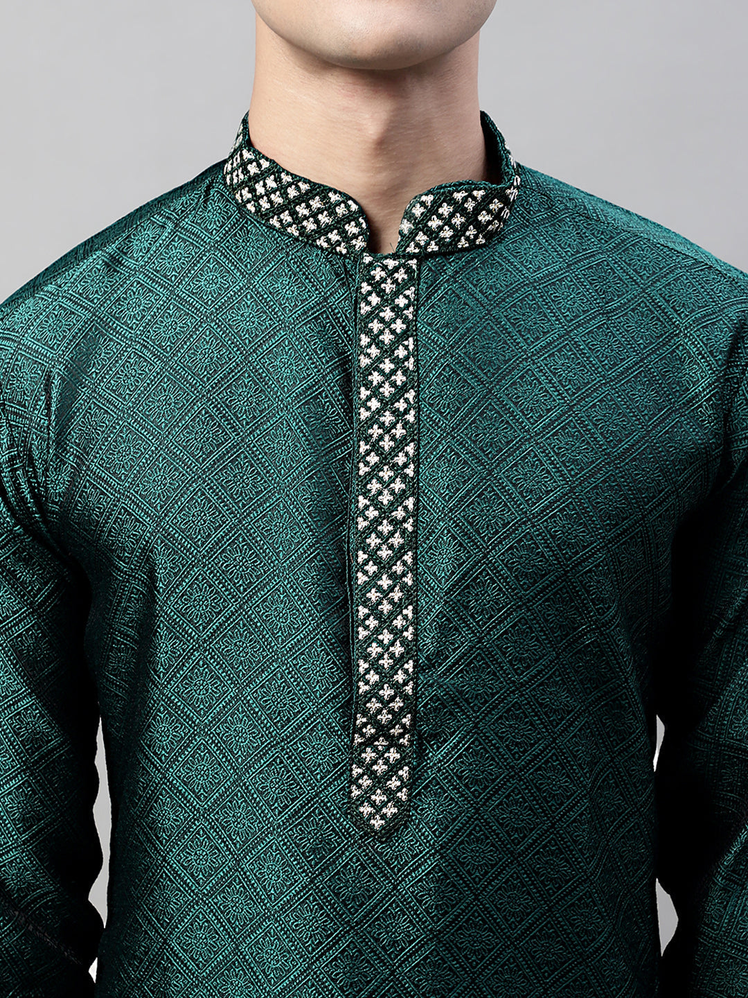 Men's Olive Green Collar Embroidered Silk Jacquard Kurta Pyjama