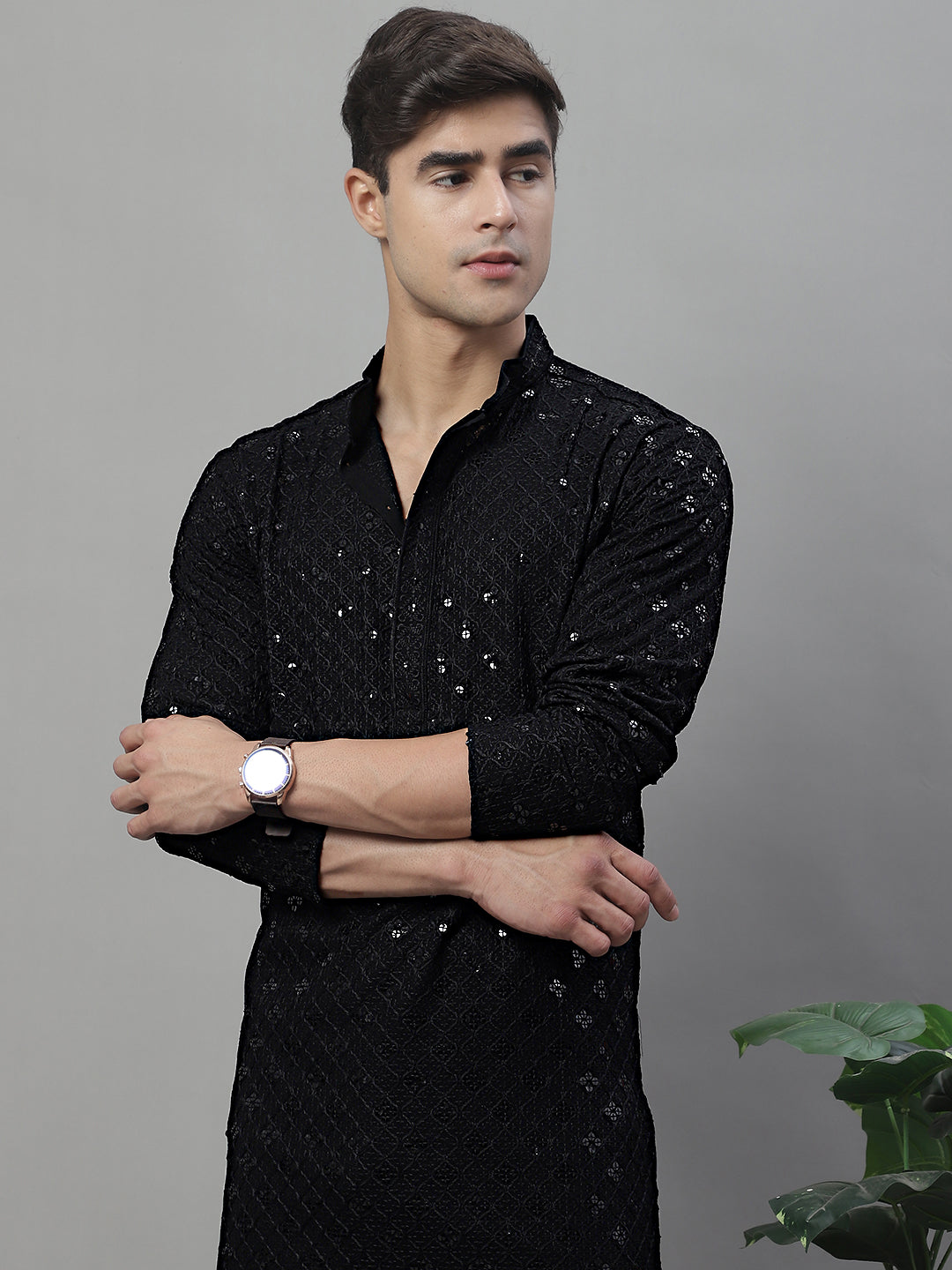 Men's Black Chikankari Embroidered and Sequence Kurta with Pyjama.