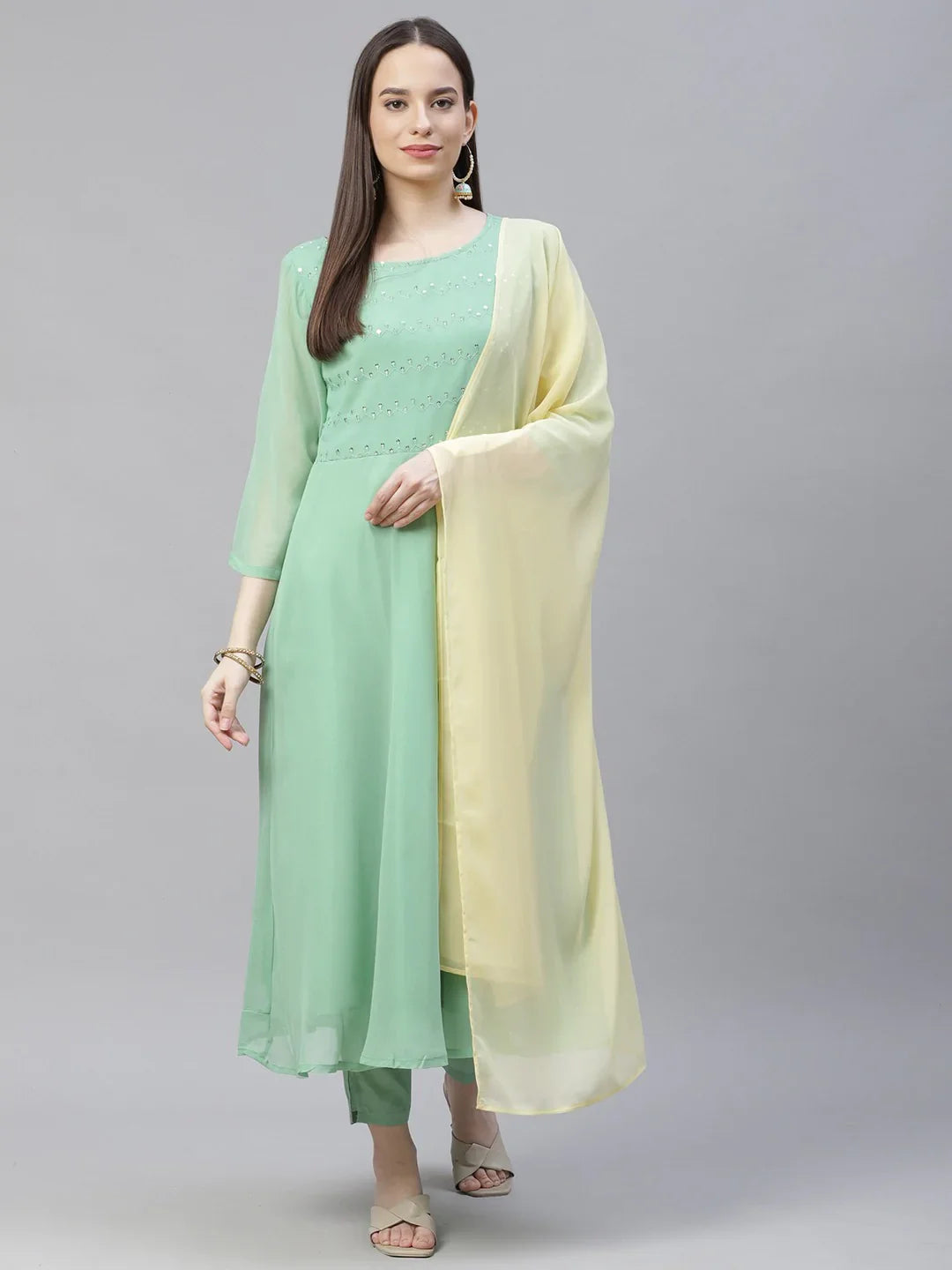 Women Sea Green Embroidered Regular Sequinned Kurta with Trousers & Dupatta ( JOKS D19Yellow 1383 Green )
