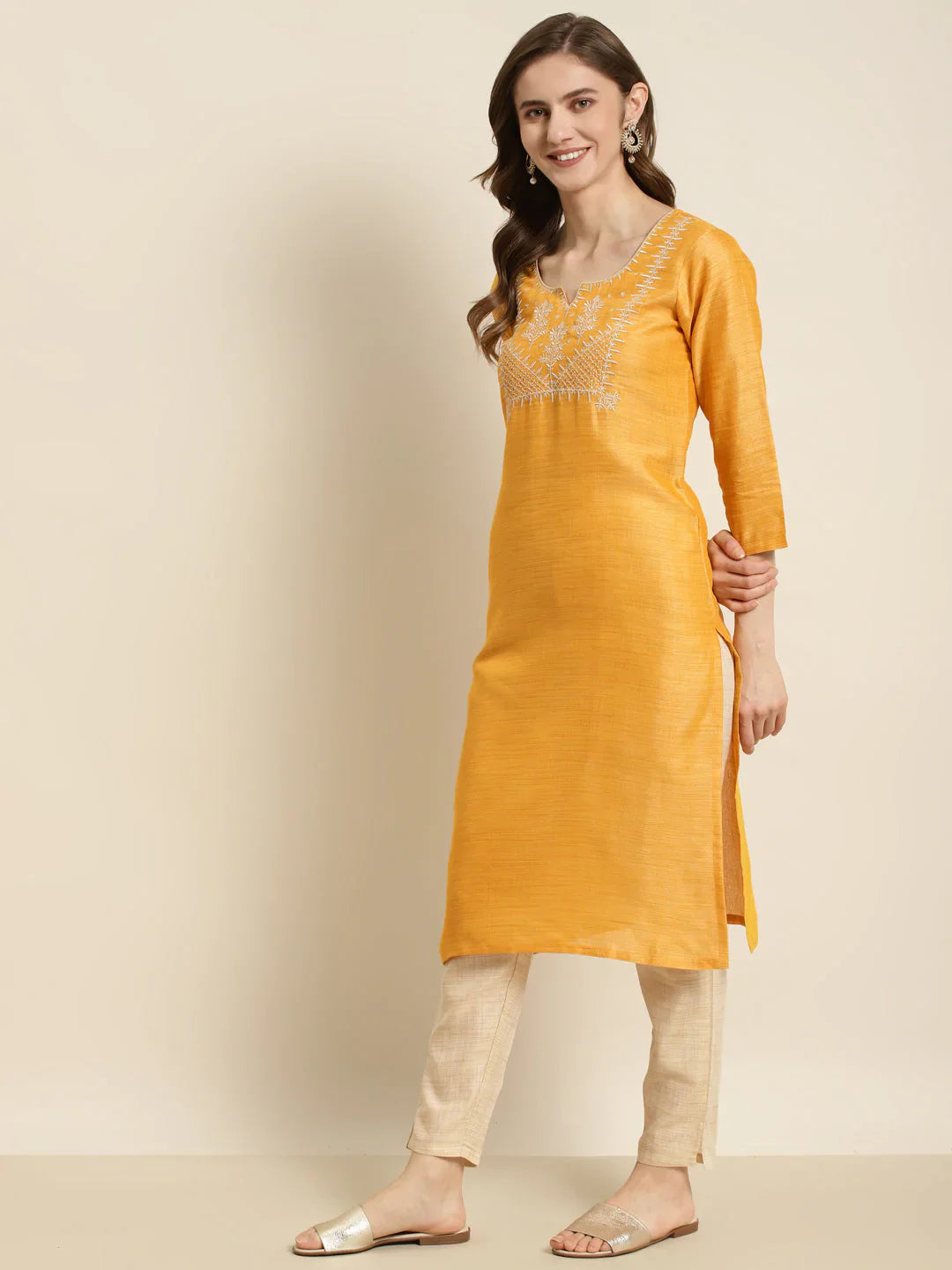 Yoke Design Cotton Silk Kurta with Trousers & Dupatta ( JOKS D35Y 1465 Yellow )