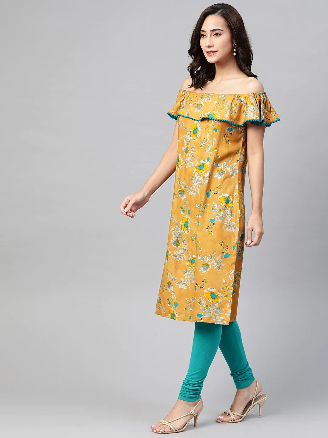 Jompers Women Mustard Yellow & Teal Blue Floral Printed Straight Kurta ( JOK 1387 Mustard )