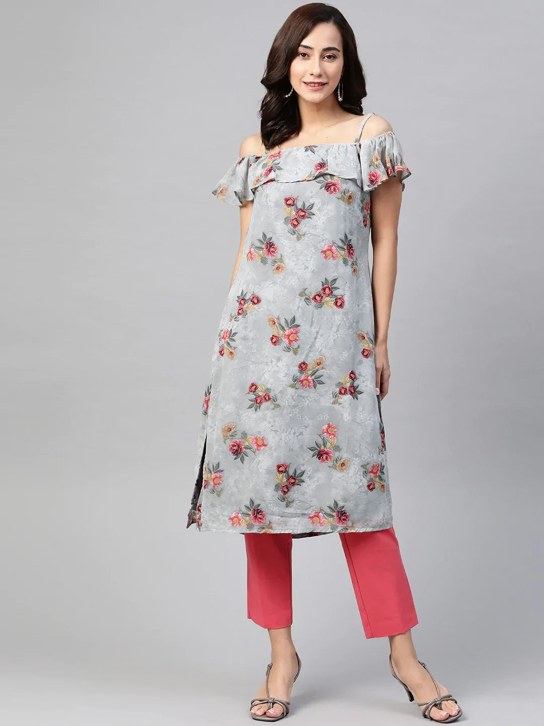 Jompers Women Grey & Pink Floral Printed Off-Shoulder Floral Kurta ( JOK 1397 Grey )