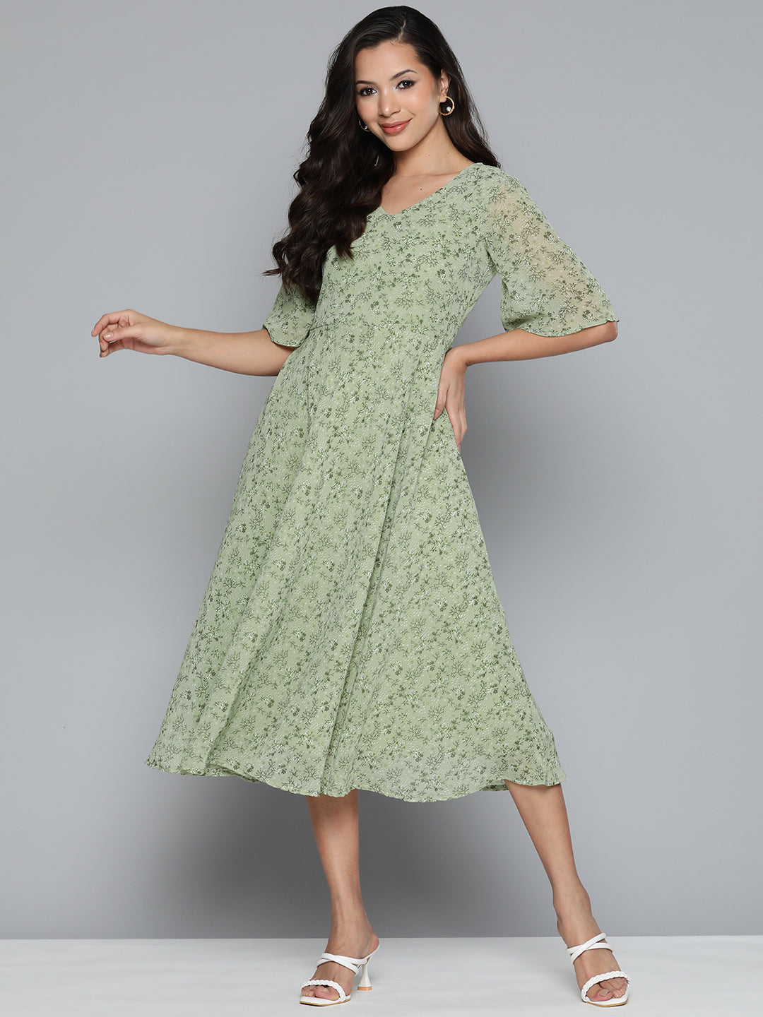 Jompers Floral Georgette A-Line Midi Dress S / Green