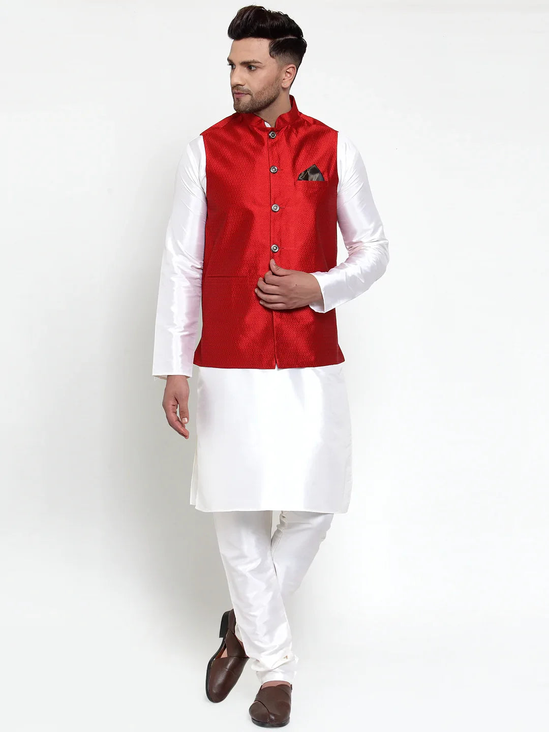 Jompers Men's Maroon Woven Jacquard Nehru Jacket ( JOWC 4017Maroon )
