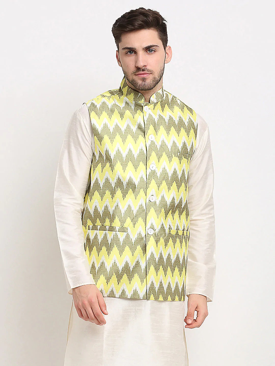Jompers Men's Olive Ikat Printed Nehru Jacket ( JOWC 4030Multi-Olive )