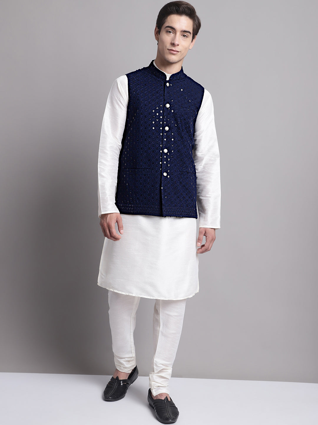 Men's Navy Blue Sequins and Embroidered Nehru Jacket