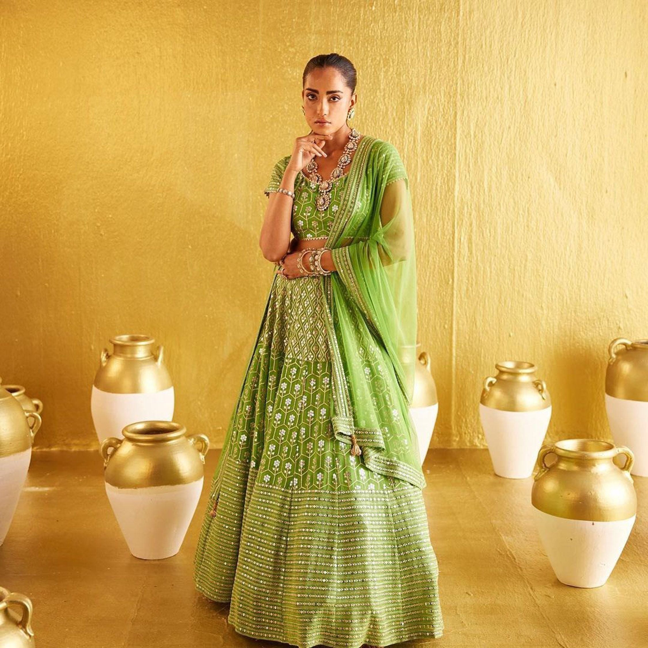 Aastha fashion off green Lehenga Choli with banglori silk blouse fabric