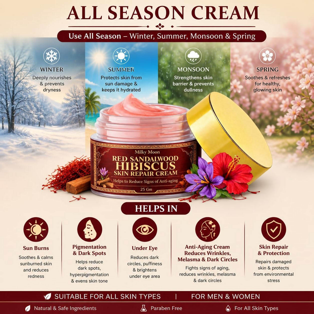 Milky Moon Red Sandalwood & Hibiscus Face Cream For Anti-Aging & Wrinkles