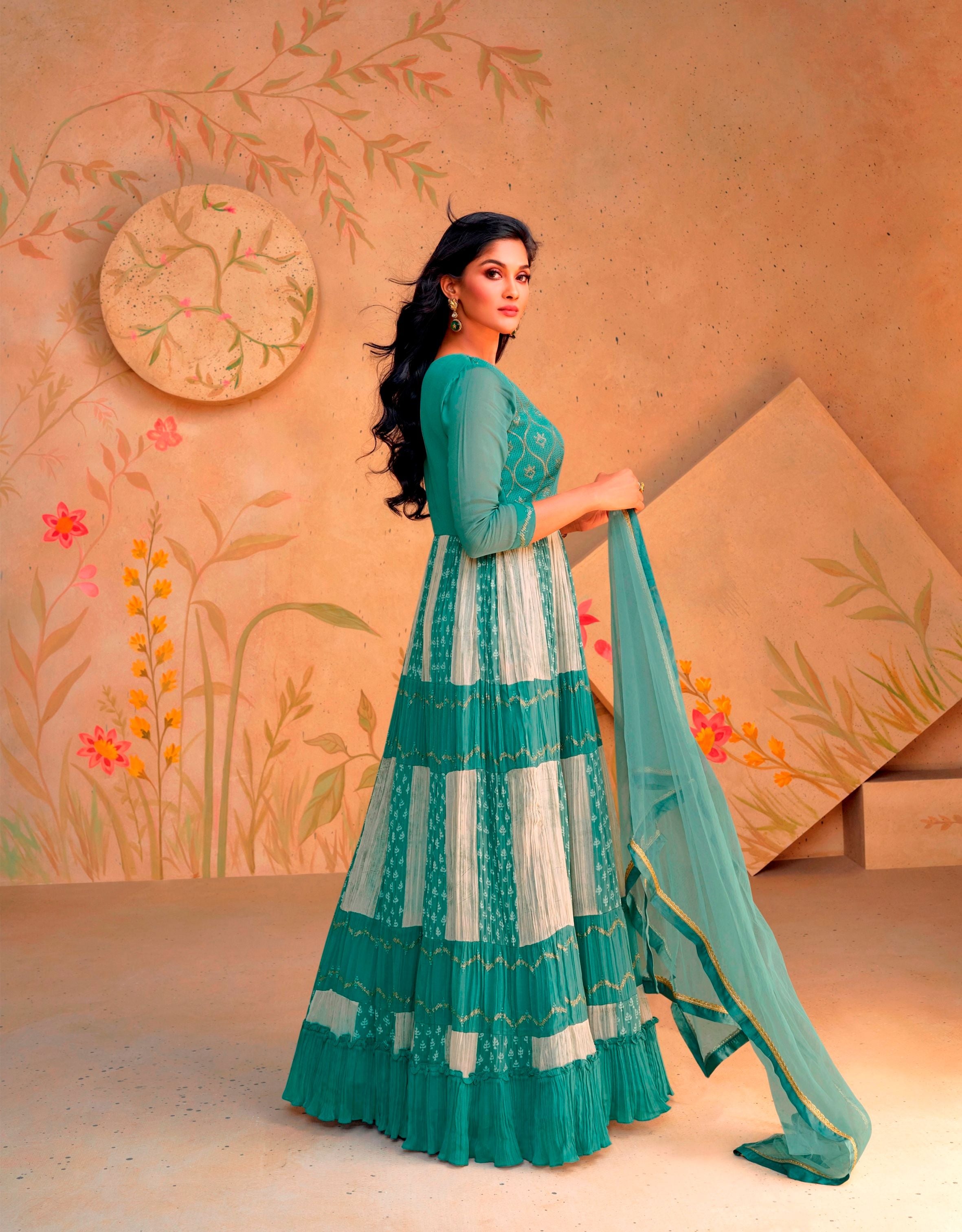 Aastha Green with Net top fabric Georgette Crepe Net Bottom fabric