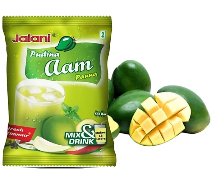 Jalani Pudina Aam Panna packaging with mangoes and a sliced mango on a white background