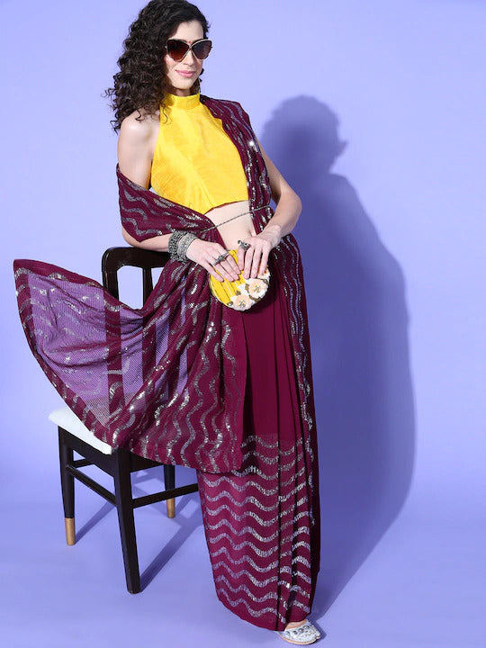 Aastha Wine Soft Organza Beautiful Sequance Embroidery Work