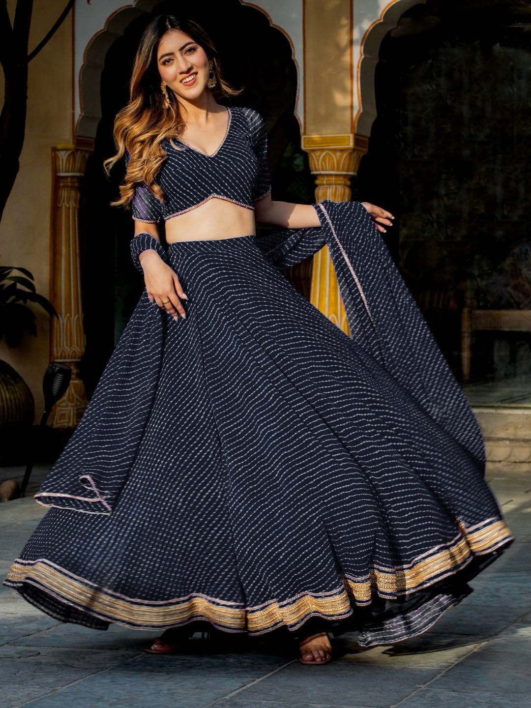 Aastha fashion Black Georgette lehanga blouse fabric Zari and Cording Lace work with Leheriya Print