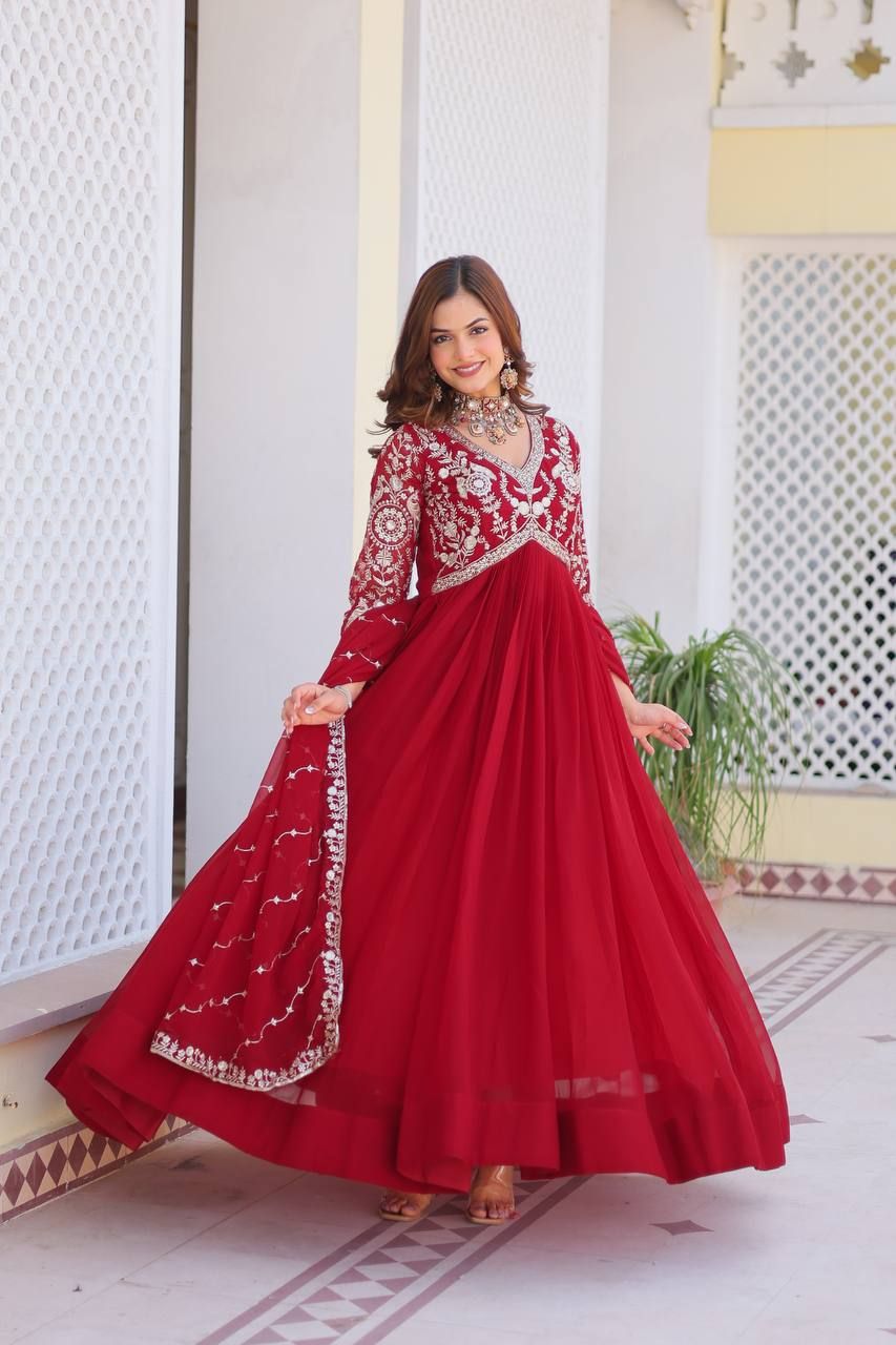 Aastha Red Fox Georgette with Micro Cotton Heavy sequence Embroidery Work