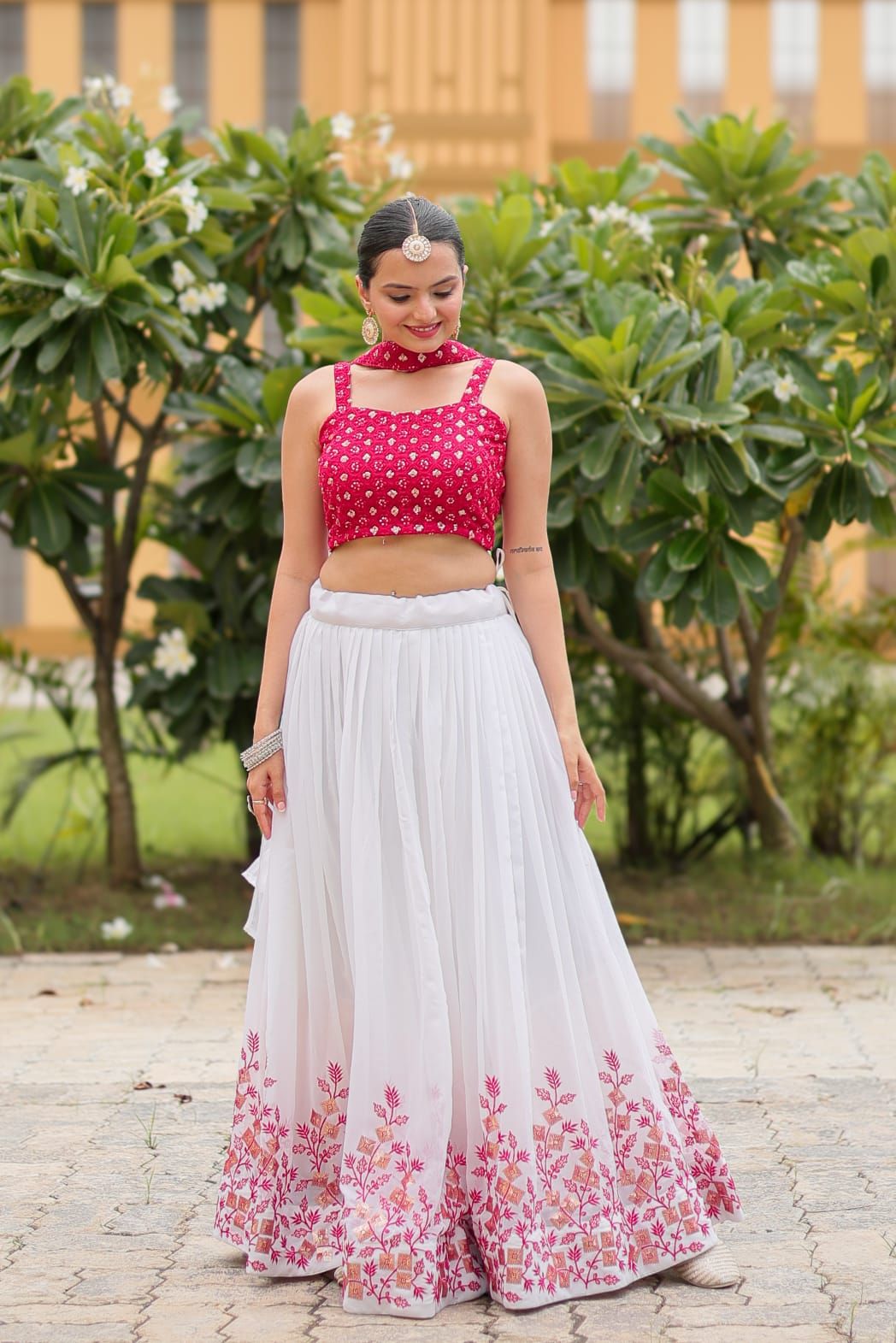 Aastha fashion white pure georgette lehanga pink blouse fabric embroidery work