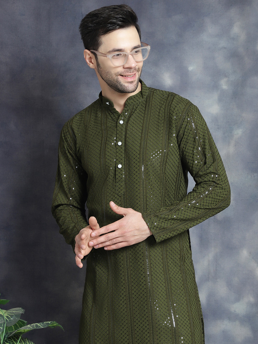 Men's Sequins Chikankari Embroidered Kurtas ( KO 5015Mehndi )