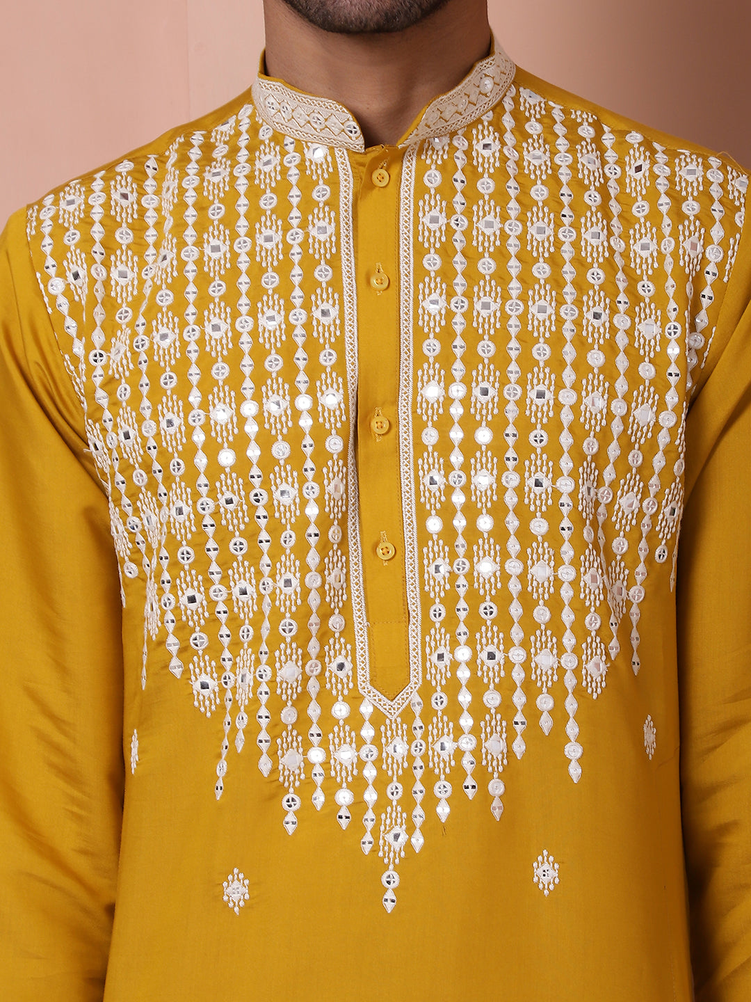 Mustard Embroidered With Mirror Work Silk Kurta