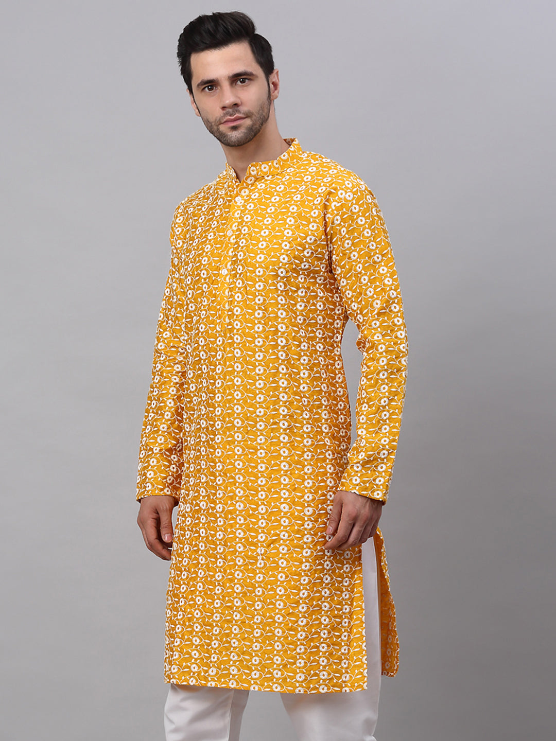Men Mustard Embroidered Dupion Silk Kurtas ( KO 633Mustard )