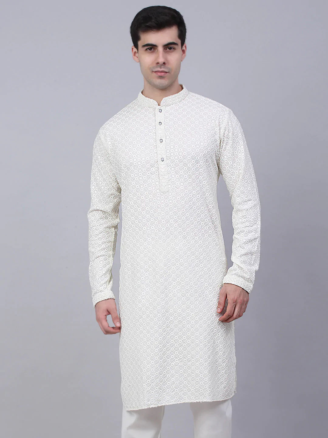 Men White Chikankari Embroidered and Sequence Kurta Only ( KO 678 White )