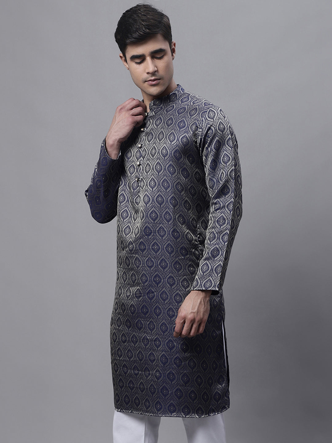 Men Ethnic Navy Blue Woven Design Kurtas