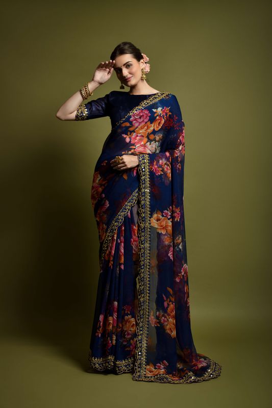 Aastha Blue Heavy soft Chiffon Heavy Mono Banglori beautiful floral Print Work