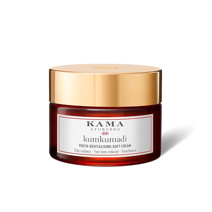 Kama Ayurveda Kumkumadi Youth-Revitalizing Soft Cream jar with gold lid on a white background