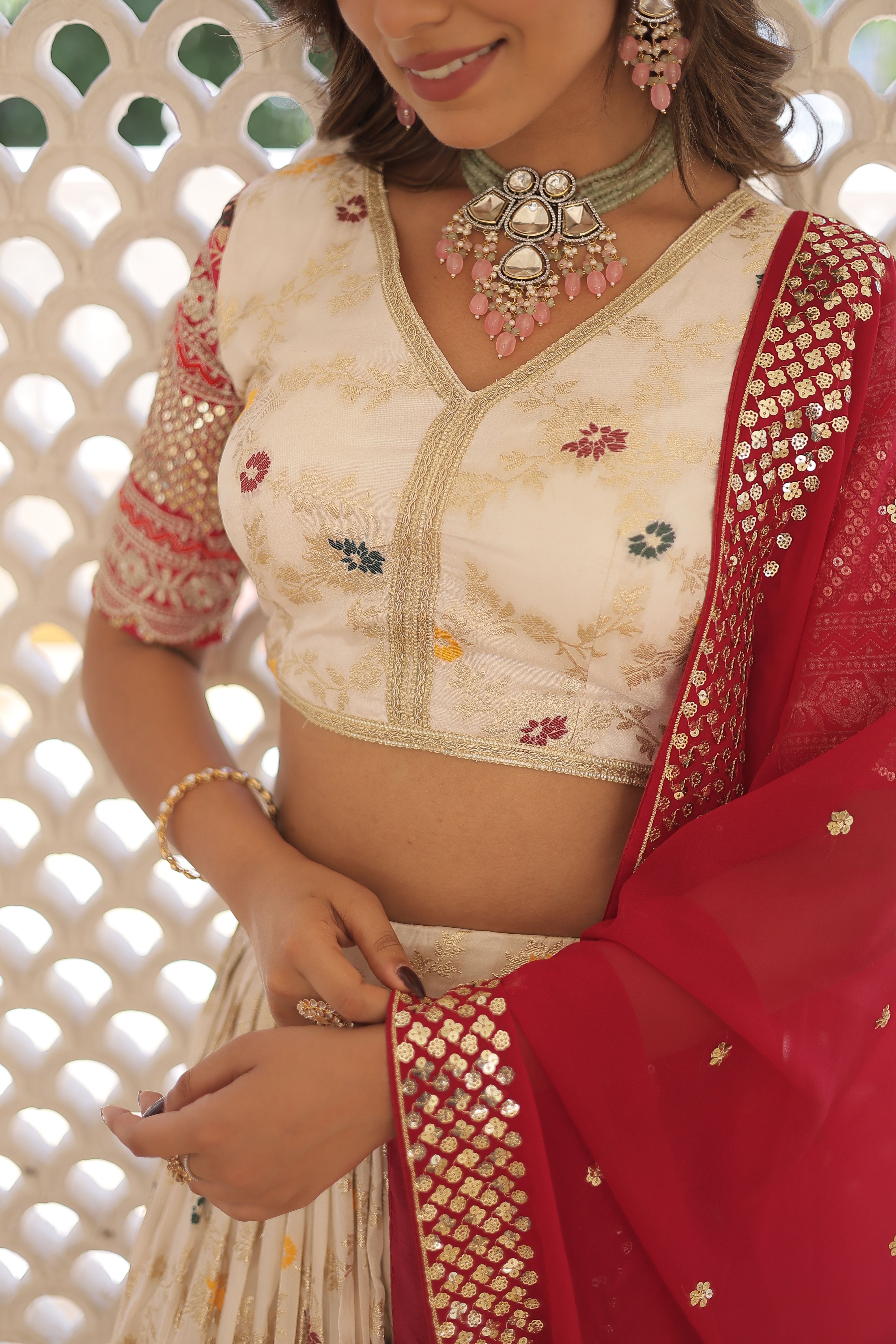 Aastha fashion white Pure Dyable Viscose Jacquard lehanga blouse fabric embroidery work