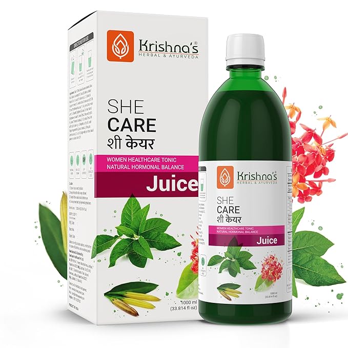 Krishna's She Care Juice packaging with bottle and box on a white background