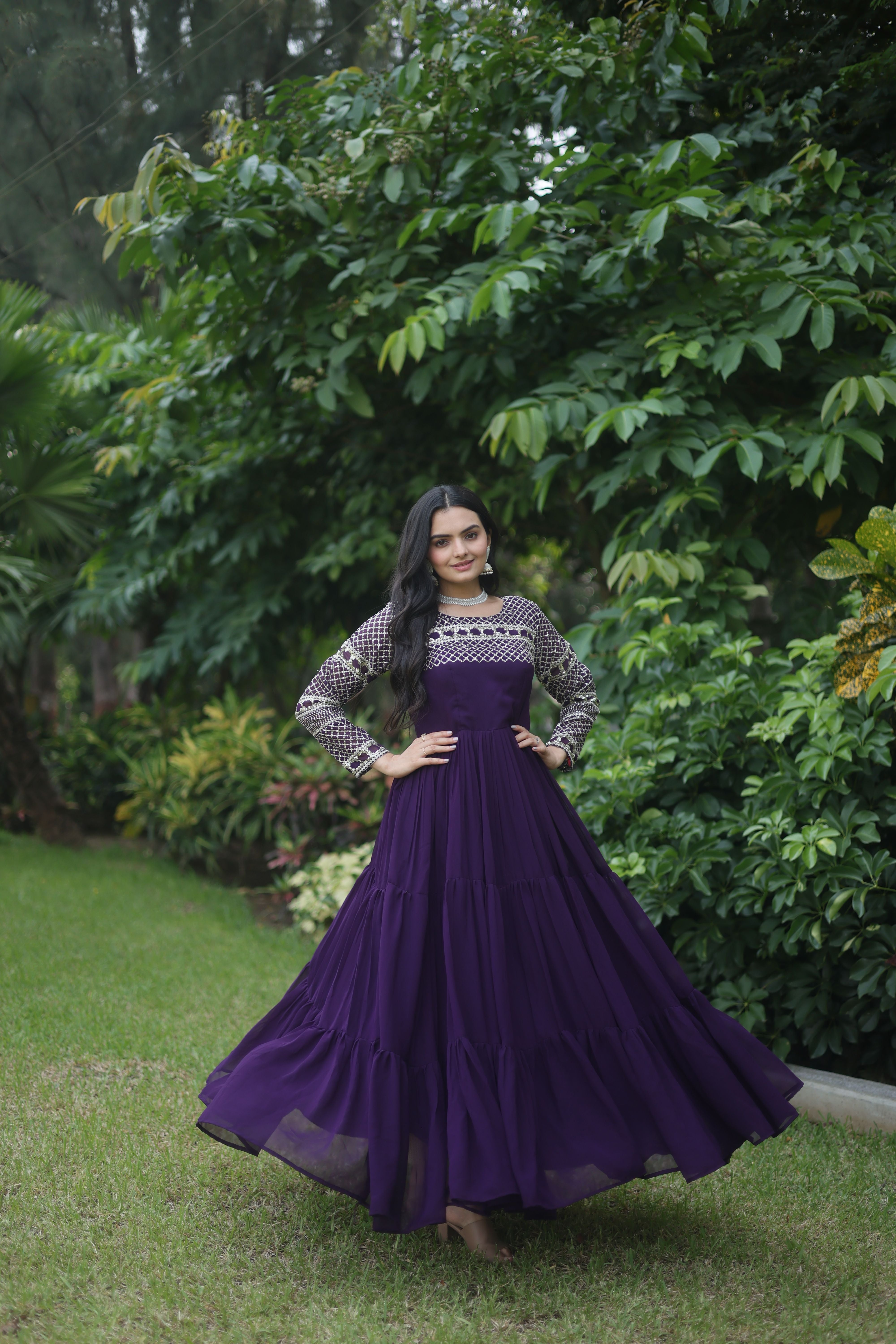Aastha Purple Faux Blooming Russian Silk with Gown Embroidered Zari Sequins-work