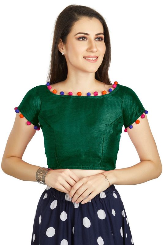 Aastha fashion Bottal green Art Sleek Boat Neck Blouse Work Potli Design In Neck Or Sleeve