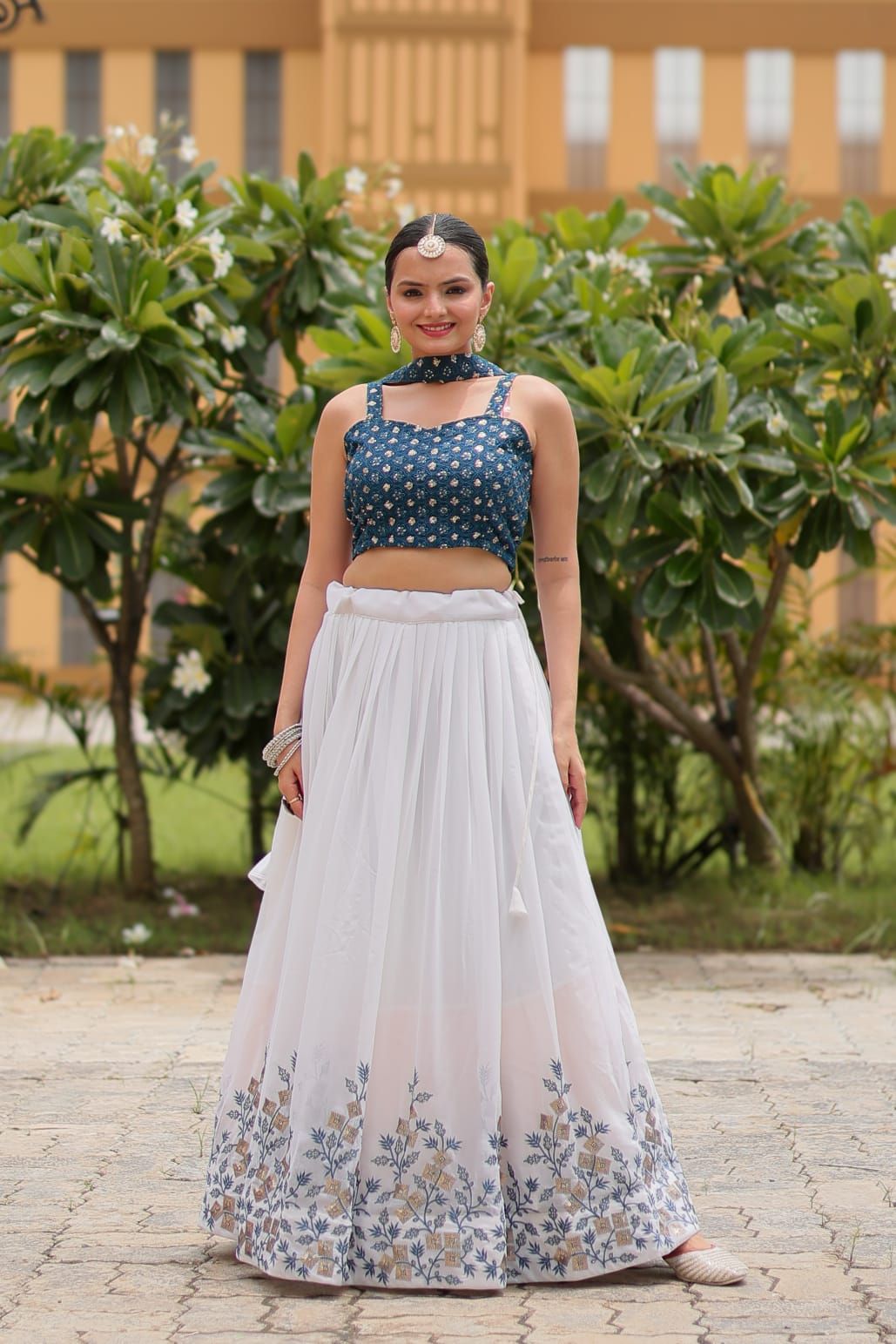 Aastha fashion white pure georgette lehanga blue blouse fabric embroidery work