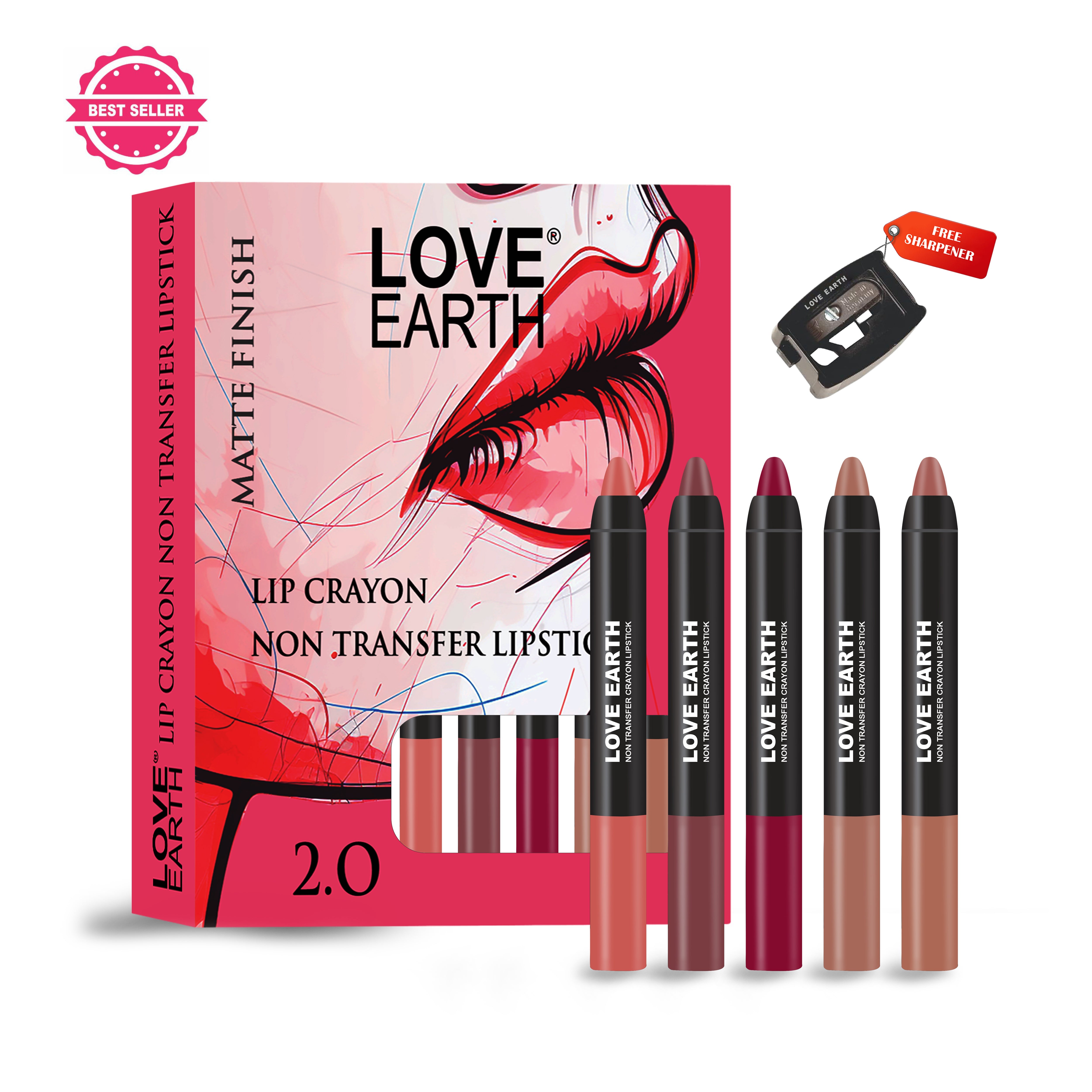 Love Earth Lip Crayon Non-Transfer Lipstick 2.O And Sharpener