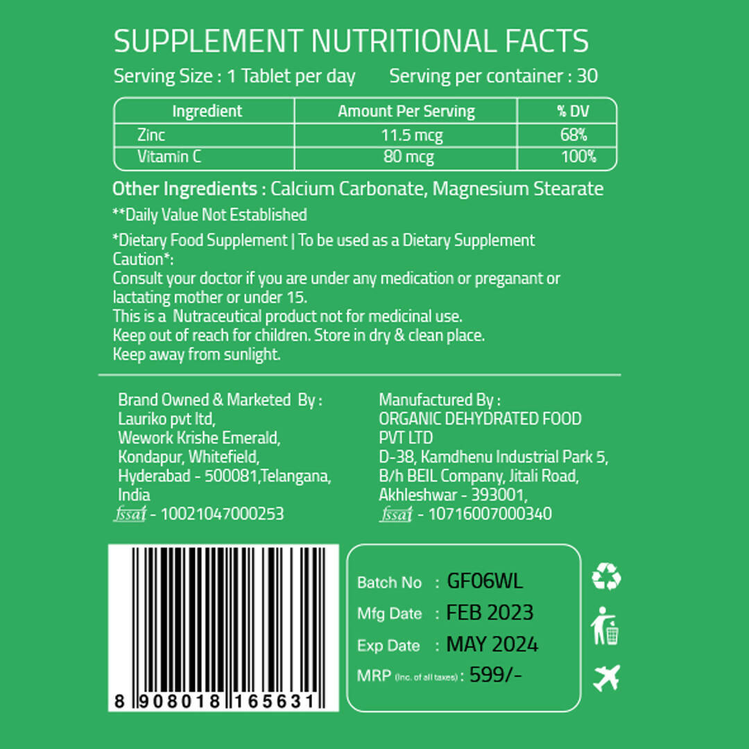 Laurik Plant Based Zinc And Vitamin C Tablets | Supplements Help Iron Absorption And Immune Support For Men And Women
