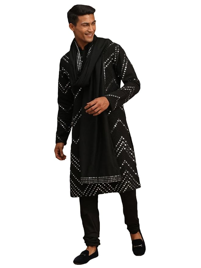 LUXE Men's Black Georgette Kurta and Pyjama Set | Mirror work Black Georgette Kurta With Pyjama and Dupatta