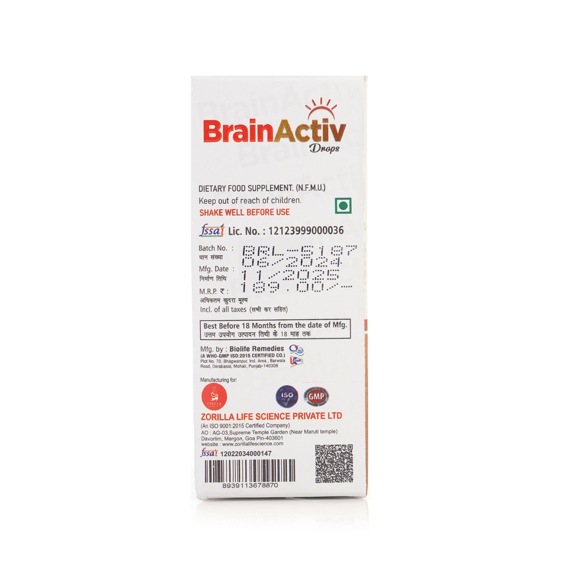 Zorilla Life Science BrainActiv Drop Omega-3 Fatty Acids, Vitamin D3, EPA with DHA