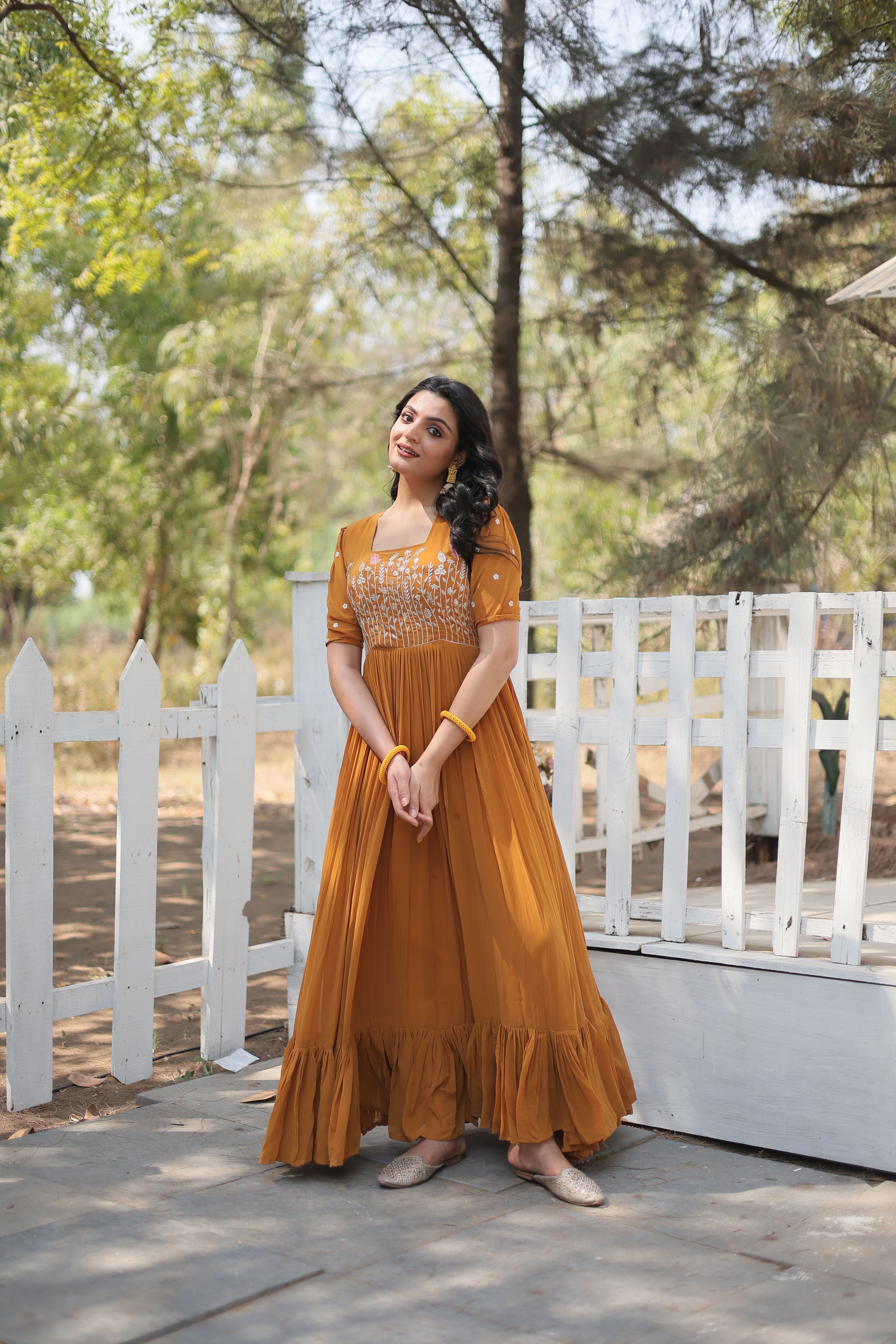 Aastha Musterd with Gown fabric Faux Georgette Sequins Multithreaded Embroidered