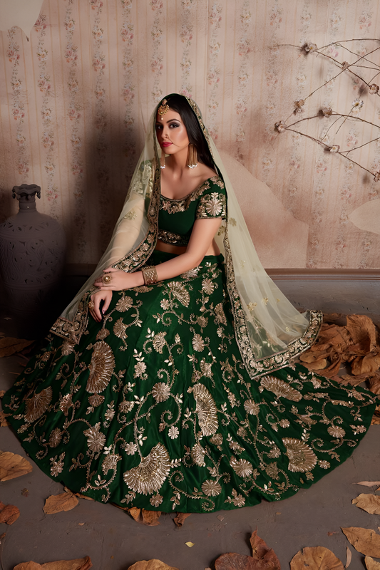 Aastha fashion green semi velvet slik lehanga blouse fabric embroidery work