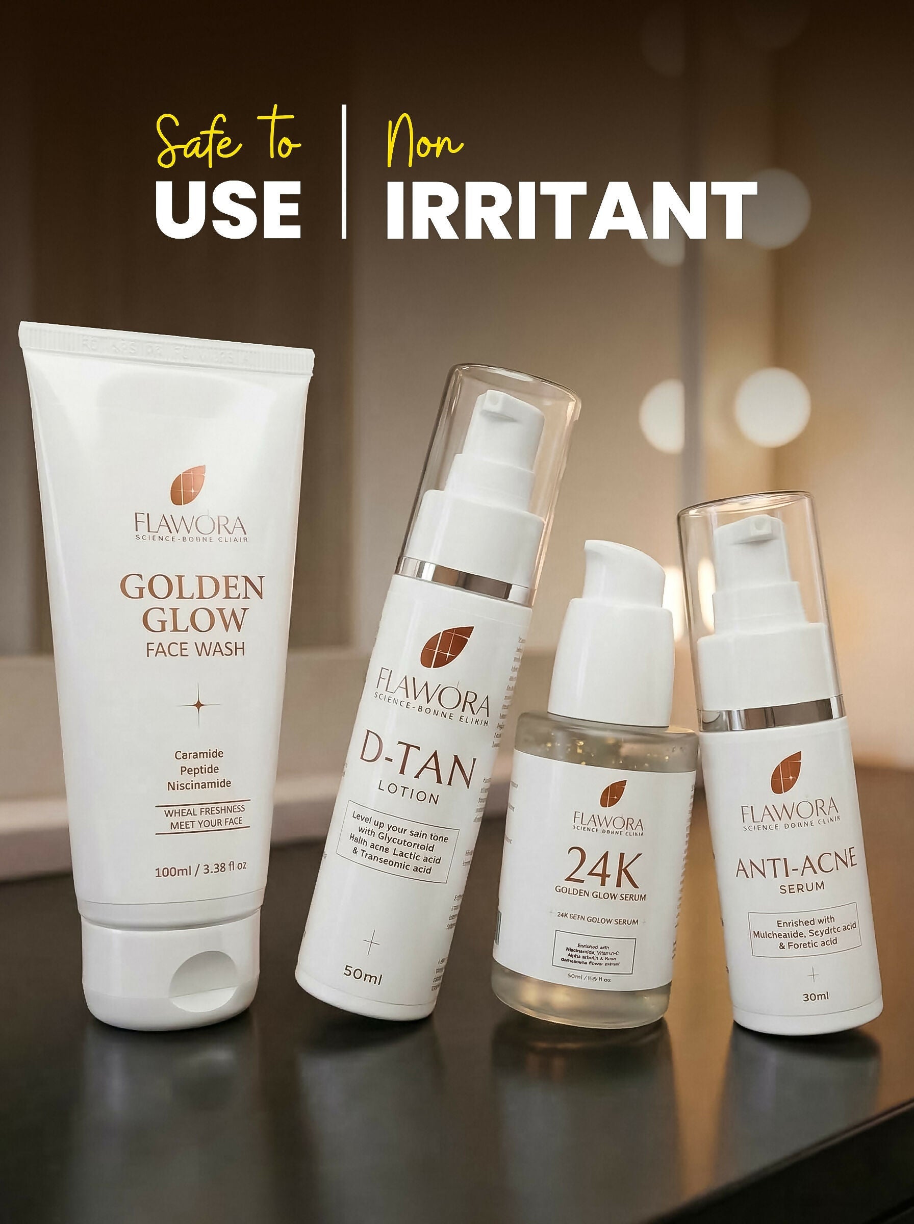 Flawora Set of Golden Glow Face Wash, Anti Acne Serum, 24k Golden Glow Face Serum and D-Tan Lotion