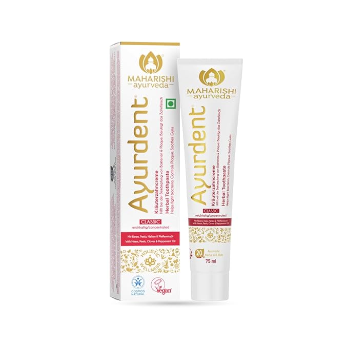 Maharishi Ayurveda Ayurdent toothpaste packaging on a white background