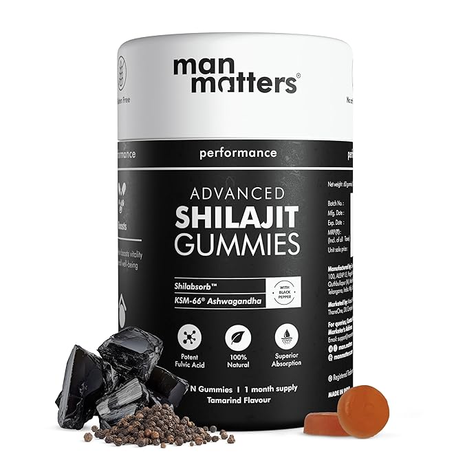 Man Matters Advanced Shilajit Gummies container with gummy and shilajit pieces on a white background