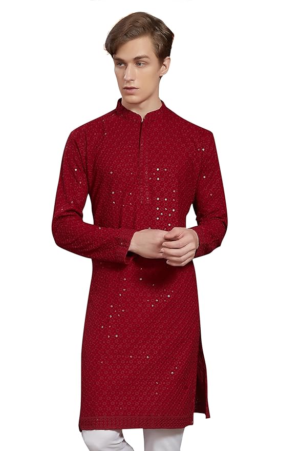 Men's Sequince Embroidered Cotton Blend Only Slim Fit Kurta