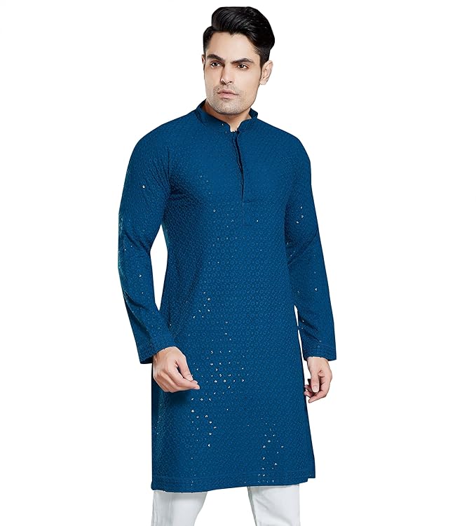 Men's Sequince Embroidered Cotton Blend Only Slim Fit Kurta