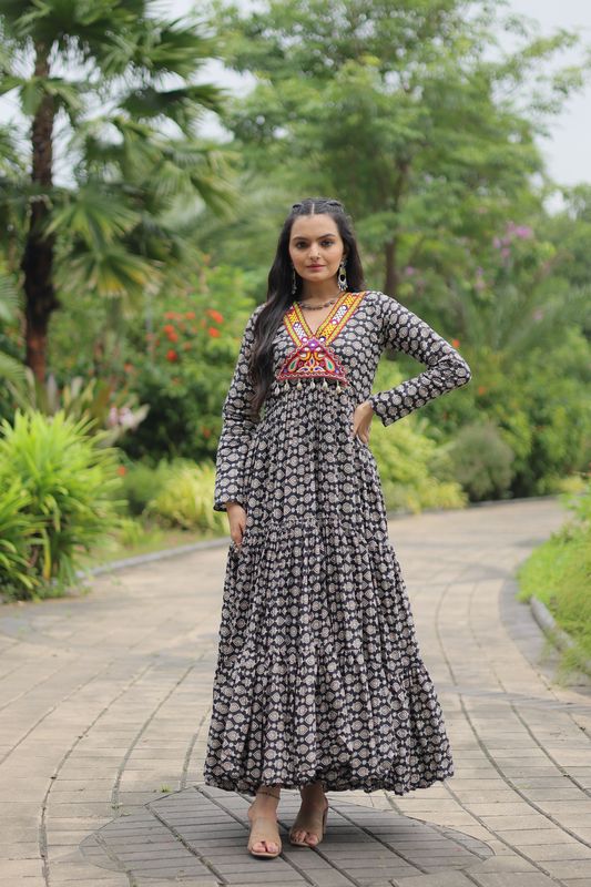 Aastha Black Cotton with Gown fabric Printed Cotton With Kutchi Gamthi Work and Kodi Lace