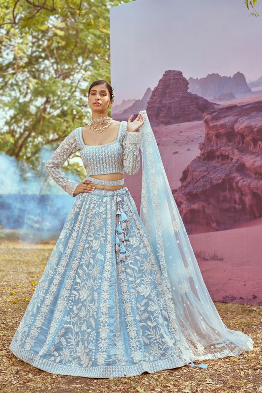 Aastha fashion Blue Organza lehanga blous Embroidery Work