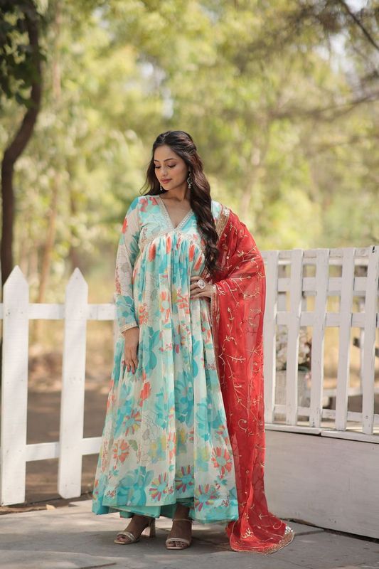 Aastha Sky with Gown Russian silk Digital Printed