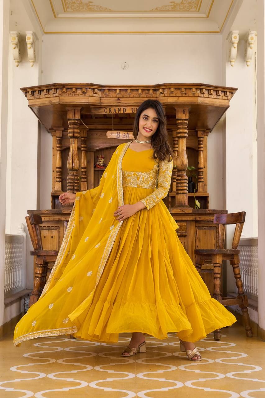 Aastha Mustard Faux Georgette with Gown Heavy sequence Embroidery Work