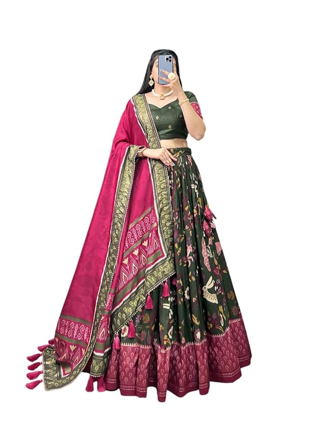 Woman's perfectly Navratri Collection Tussar Silk Lehenga Choli Patola Print with Foil Work