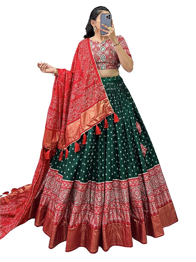 Woman's perfectly Navratri Collection Tussar Silk Lehenga Choli Patola Print with Foil Work