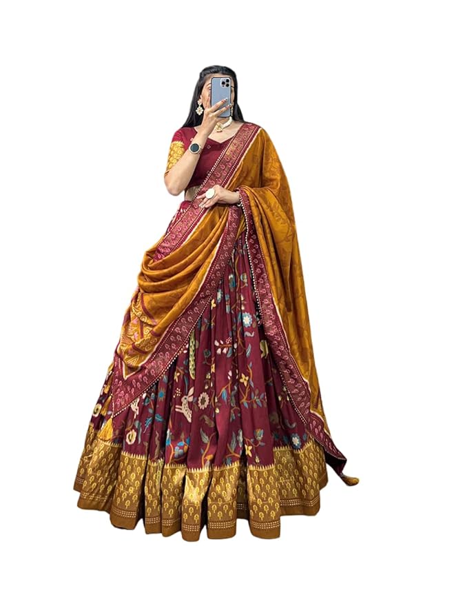 Woman's perfectly Navratri Collection Tussar Silk Lehenga Choli Patola Print with Foil Work