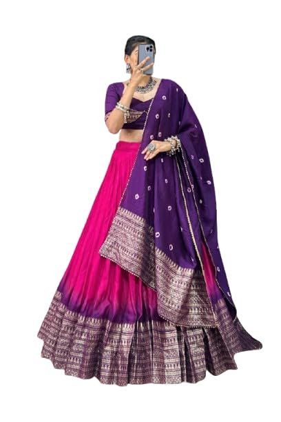 Woman's perfectly Navratri Collection Tussar Silk Lehenga Choli Patola Print with Foil Work